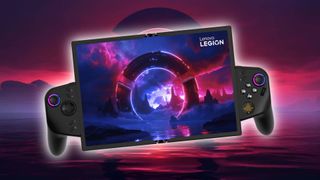 Lenovo Legion Go Fold concept handheld with red water backdrop and glowing outline.