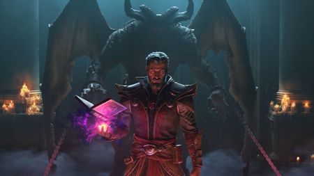 Screenshot from Diablo 2: Resurrected Reign of Warlock trailer, showing an older man holding a magical grimoire while standing in front of a menacing demon-like monster.